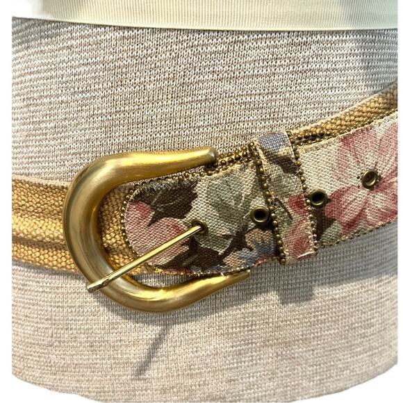 Size S/M Vintage Women’s Statement Belt 80s Floral Brass Tone Canvas
